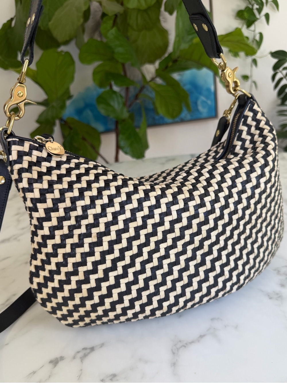 Clare V. Moyen Messenger Bag Black & Cream Woven Zig Zag Leather Crossbody - Picture 3 of 16